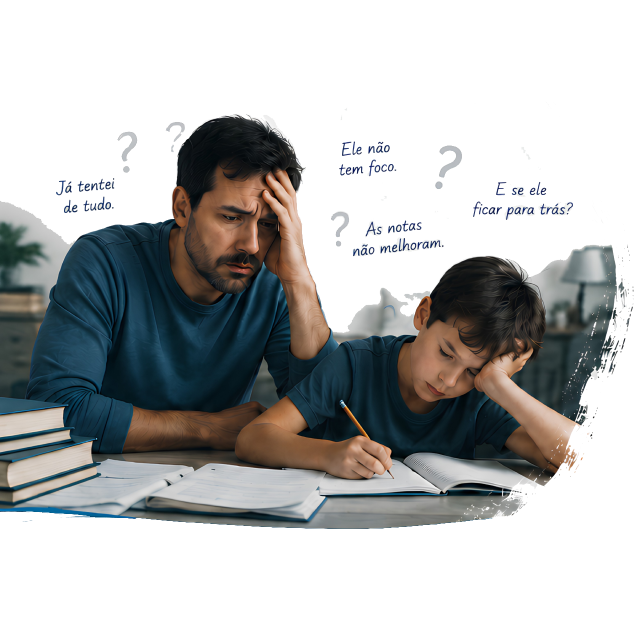 Pai preocupado ajudando o filho a estudar, cercado de dúvidas: já tentei de tudo, ele não tem foco, as notas não melhoram, e se ele ficar para trás.